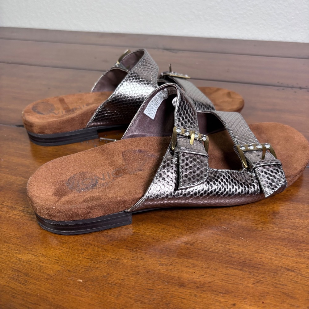 Vionic Czarina Sandals Women 8 Pewter Metallic Snakeskin Rhinestone Orthaheel